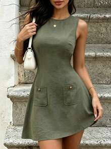 Aflion Women Summer Fall Olive Green Sleeveless Mini Dress, Round Neck A‑Line Dress With Button Pockets Back Zipper For Vacation Daily Casual Outfits - Army Green - View 8
