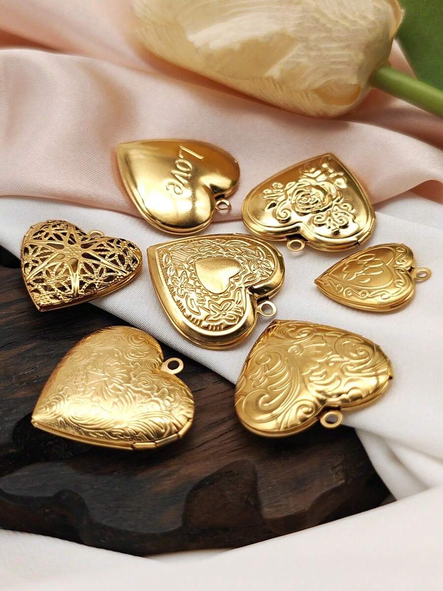 7pcs Vintage Printed Photo Locket Pendant Souvenir, 18k Gold Vacuum Plated, Openable Photo Box, DIY Necklace Pendant Video Accessories - Yellow Gold - View 1