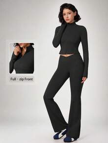 NcmRyu Women's One Set Solid Color Stand Collar Zipper Short Jacket & Cross V Waist Flare Pants Sports Set - Black - View 11