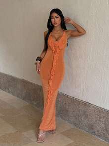 1pc Solid Color Elegant Knit Fabric Dress For Wedding Autumn - Orange - View 2