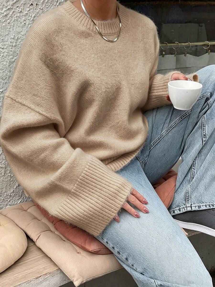 Soft Plush Round Neck Knitted Sweater, Dropped Shoulder Wide Cuff Loose Casual Minimalist Women's Autumn/Winter Pullover - Oatmeal - View 1