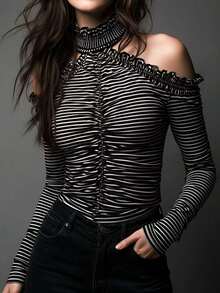 Women's Black & White Striped Long Sleeve Top, Ruffle Cold Shoulder Pleated Design, Knitted Fabric Regular Fit Blouse - Black - View 2