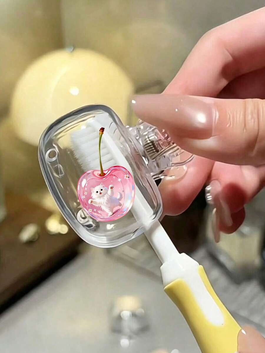 水晶效果櫻桃與可愛小貓設計(2D平面圖案)牙刷蓋,防塵櫻桃牙刷蓋,旅行牙刷收納盒,便攜式牙刷帽,可愛浴室配件,適用於旅行、宿舍、飯店、浴室,居家用品,生日禮物 - 彩色 - 查看 1