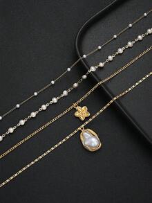 4pcs Simple Fashion Faux Pearl Flower Long Necklace Y-Shaped Chain Necklace Set For Women, Sisters, Holiday, Vacation, Party, Date, Gift, Daily Commute, Personalized Matching (Bead Quantity Random) - Yellow Gold - View 5