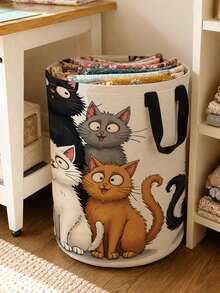 Large Capacity Foldable Cat Laundry Basket With Handle - Cute Tabby Cat Face Storage Bin, Dirty Clothes Organizer, Portable Polyester Storage Bag, Suitable For Bedroom, Dorm, Room - Space-Saving Laundry Basket, Essential Home Helper - Multicolor - View 4