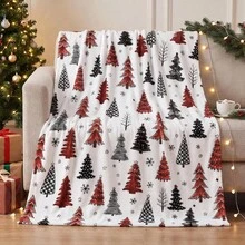 1pc Red & Black Plaid Christmas Tree Theme Digital Print Flannel Blanket - Modern Style, Soft & Comfortable Polyester Knit Fabric For All Seasons, Multi-Purpose, Suitable For Sofa, Bed, Travel, Camping, Chair, Gift Blanket - Multicolor - View 1