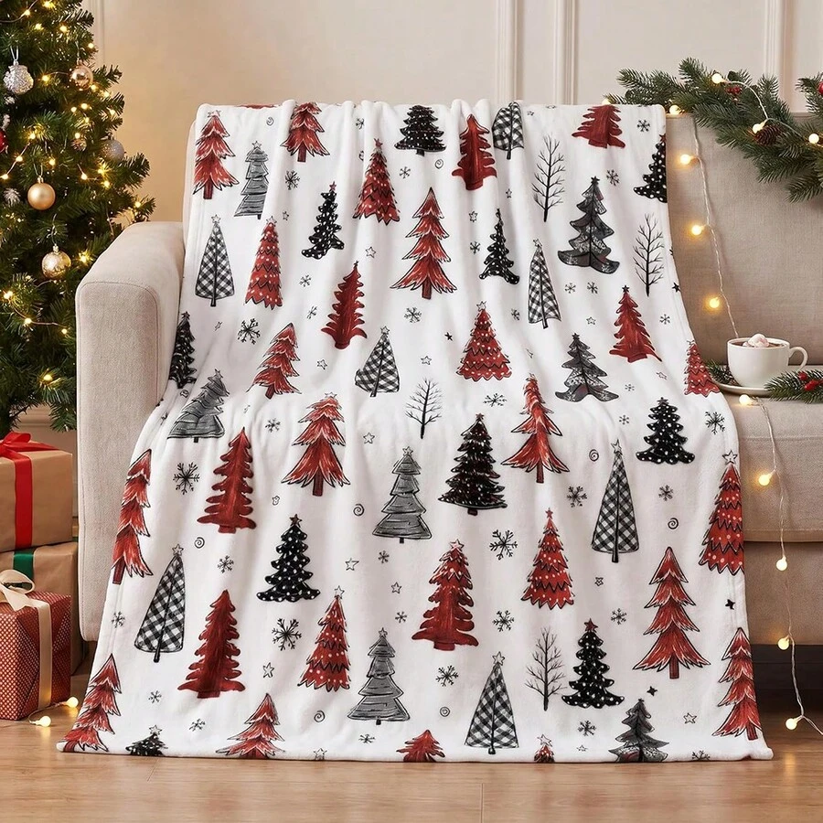 1pc Red & Black Plaid Christmas Tree Theme Digital Print Flannel Blanket - Modern Style, Soft & Comfortable Polyester Knit Fabric For All Seasons, Multi-Purpose, Suitable For Sofa, Bed, Travel, Camping, Chair, Gift Blanket - Multicolor - View 1