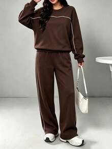 Autumn And Winter Commuting Elegant Women's Round Neck Sweatshirt Casual Daily Straight Tube Loose Pants Two Pieces Set - Dark Coffee - View 3