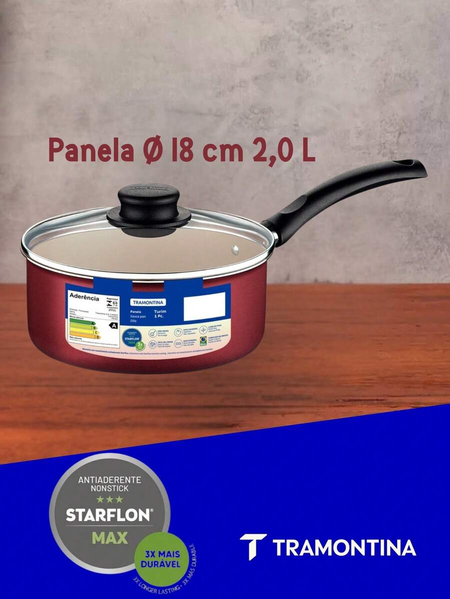Panela com Tampa de Vidro Turim em Alumínio com Revestimento Interno e Externo em Antiaderente Starflon Max Vermelha 18cm 2L- Tramontina