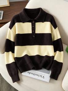 Women's Colorblock Striped Knit Sweater, Half-Button Polo Collar, Dropped Shoulder Loose Fit, Long Sleeve Pullover, Autumn Outfit - Brown - View 3