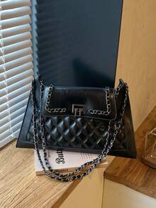 Vintage Chain Underarm Bag, High-End Glossy Lock Clasp, Large Capacity Women's Commuter Shoulder Bag - Black - View 7