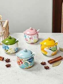 High Aesthetic Hand-Painted Floral Ceramic Seasoning Jar With Lid And Spoon, Dual Handle Salt & Sugar Canister, Kitchen Heat-Resistant Lard & Chili Oil Pot, Ceramic Sealed Storage Container, Fresh Printed Condiment & Sauce Organizer, Vintage Painted Dual Handle Ceramic Spice Holder, Kitchen Salt & Sugar Storage Box With Fresh Floral Print - Multicolor - View 2