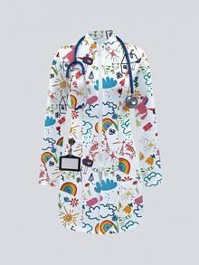 Bata de laboratorio con estampado y cremallera delantera con doble bolsillo para mujer - Blanco - Ver 7