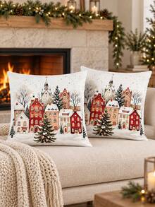shangxia 2PCS--Nordic Snowy Town Cushion Covers, Hand-Painted European Style Small House Home Decor Pillowcases--(Pillow Insert Not Included)-(Multiple Sizes) - Multicolor - View 9