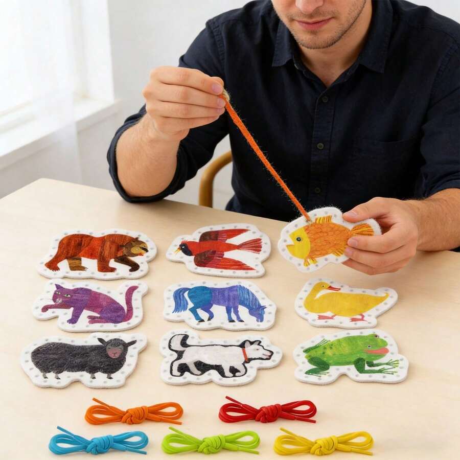 Quixorblex 9 Pcs Bear Pattern Lacing Activity Cards, Threading Learning Cards With Colorful Ropes, Educational Threading Cards, Fine Motor Skills Practice, Teacher Classroom Supplies, Homeschool Learning Accessories, Cute Aesthetic Learning Tools - Multicolor - View 1