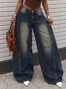 Women's Streetwear Vintage Distressed Textured Wide Leg Jeans - Blue - View 2
