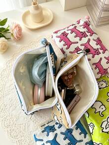 1pc Cute Animal Pattern Zipper Makeup Pouch Vintage Style Portable Cosmetic Bag Travel Essentials Coin Purse Card Holder Small Canvas Organizer Purse - Multicolor - View 2