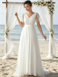 Elegant White V-Neck Bridesmaid Dress, Beaded Lace Bodice Design, With Flutter Sleeves, Suitable For Vacation, Wedding, Birthday, Party, Homecoming, - White - View 5