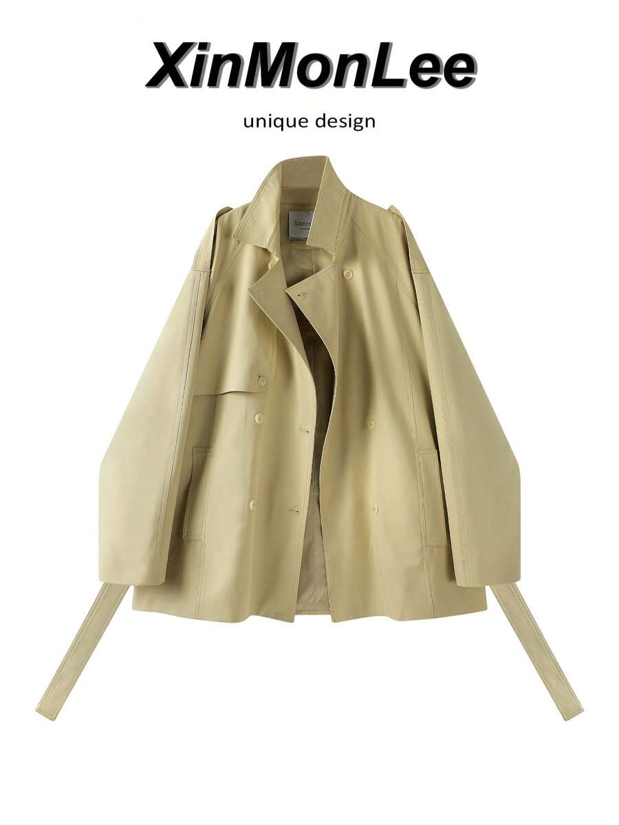 Loose Relaxed Fit New Apricot Trench Coat Jacket Button-Up Overcoat For Evening Dates, CollegeDaily Wear, Autumn/Winter, Elegant Travel And Vacation - Yellow - View 1