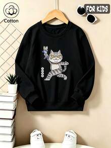 Cute Cartoon Cat & Owl Print Kids Pullover Sweatshirt, Round Neck Long Sleeve Loose Fit Cotton Top, - Black - View 3