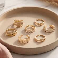 7pcs Mixed Design Open Ring Set, Sparkling Rectangular & Round Cubic Zirconia Stackable Adjustable Rings, Women's Fashion Personalized Jewelry, Suitable For Daily Wear And Party Occasions, Versatile Accessories For Dates, Weddings And Everyday Outfits - Gold - View 3