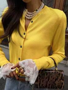 Women's Fashion Elegant Versatile Solid Color Lace Patchwork Round Neck Long Sleeve Casual Cardigan - Yellow - View 2