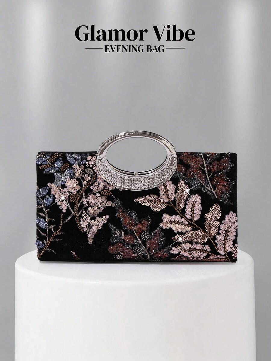 1件黑色天鵝絨亮片刺繡花卉晚宴手拿包，金屬環手柄派對手提包，亮片刺繡工藝，3D花卉設計（隨機圖案），婚禮必備配件，情人節禮物，適用於婚禮、晚宴派對及其他正式場合