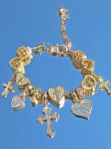 1pc Heart Cross Charm Bracelet, Heart Rhinestone Cross DIY Bracelet, Virgin Mary Cross Heart Bracelet - Gold - View 2