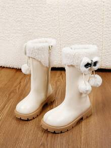 Girls' Tall Boots, Autumn/Winter New Thermal Lined Snow Boots With Bow, Warm Long Boots With Side Zipper, Fashion Riding Boots For Kids - Beige - View 2