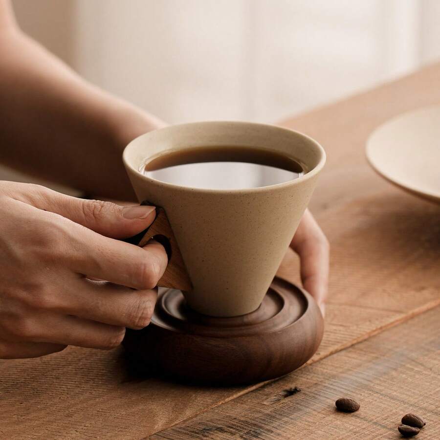 Rustic Stone Ceramic Funnel Coffee Cup, 180ml & 250ml Ceramic Cup With Wooden Handle & 3 Interchangeable Bases (Round, Spherical And Threaded). Vintage Pour-Over Cup, Suitable For Latte Art And Tea. Wabi-Sabi Style Drinkware, Perfect For Coffee Lovers And Vintage Decor Fans. - Multicolor - View 1