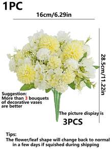 1pc Artificial Hydrangea & Chrysanthemum Mixed Flower Bouquet, Faux Silk Ball Flower Bunch With Green Leaves, Fall Autumn Home Vase Arrangement, Wedding Table Decor - Yellow - View 3
