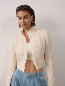 Women's Solid Color Stand Collar Casual Versatile Daily Long Sleeve Jacket - Beige - View 6