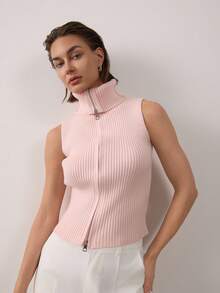 Women's Solid Color Zipper Ribbed Knit Vest - Pink - View 6