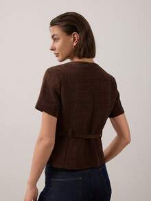 Women's Tweed Metal Flower Single-Breasted Short Sleeve Jacket With Belt Summer - Dark Brown - View 2