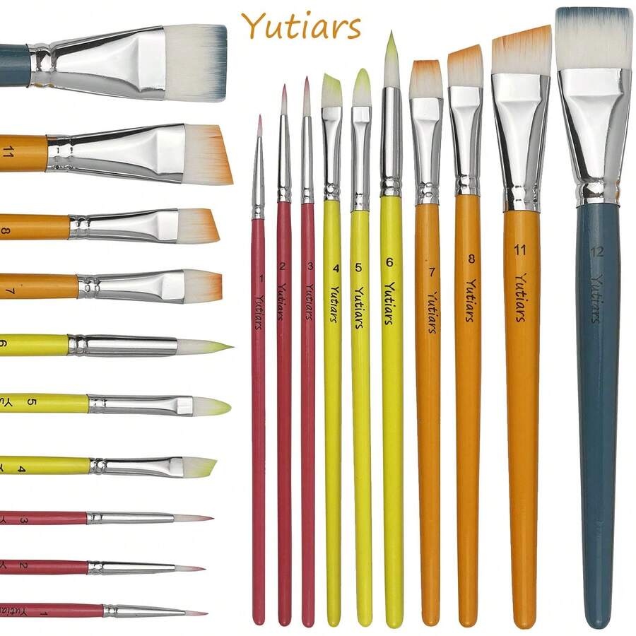 Yutiars 10pcs Rainbow Multicolor Nylon Paint Brush Set, Round Head, Pointed Head, Flat Head, Angled Head, Multi-Model Combination Brushes, Fine Line And Large Area Painting, Suitable For Watercolor, Acrylic, Oil Painting, Model Painting, Stone Painting, Hand Drawing, DIY Art Painting Tools - Multicolor - View 1