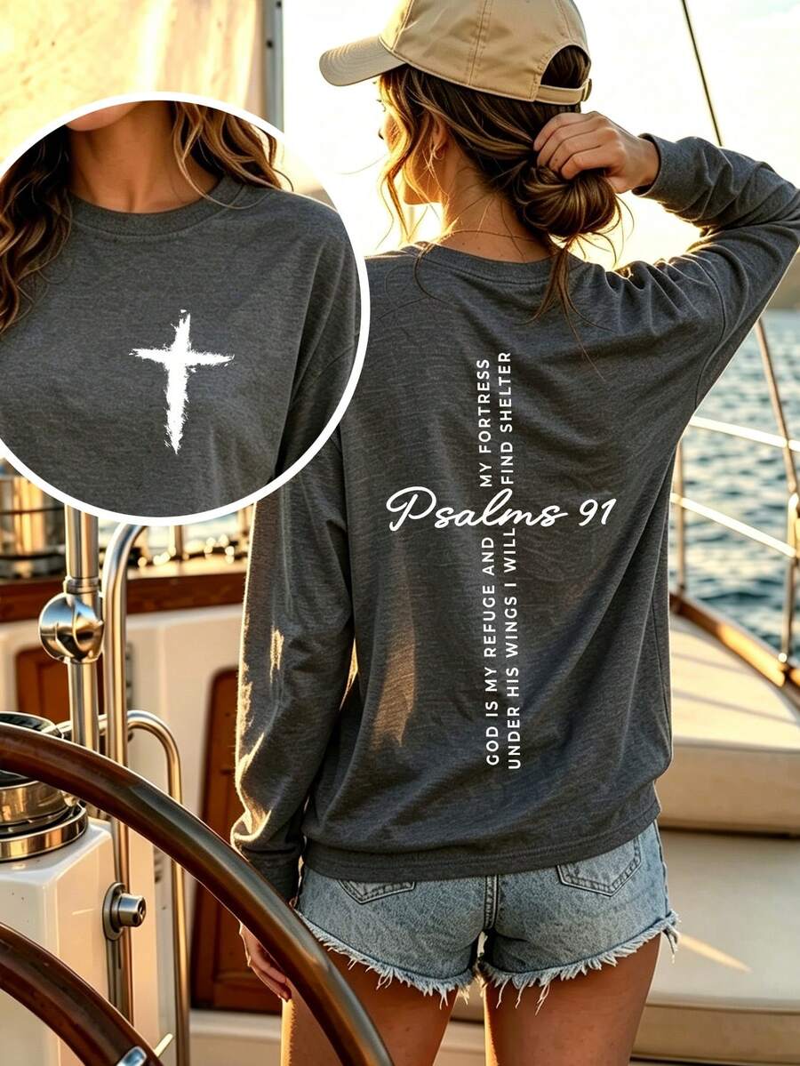 EVERKIND Women Thin Long Sleeve, Minimal Cross Psalm Scripture Print ...