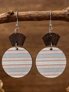 1 Pair Vintage Fan-Shaped & Round Patchwork Color-Block Striped Double-Layer Wooden Earrings - Round - View 1