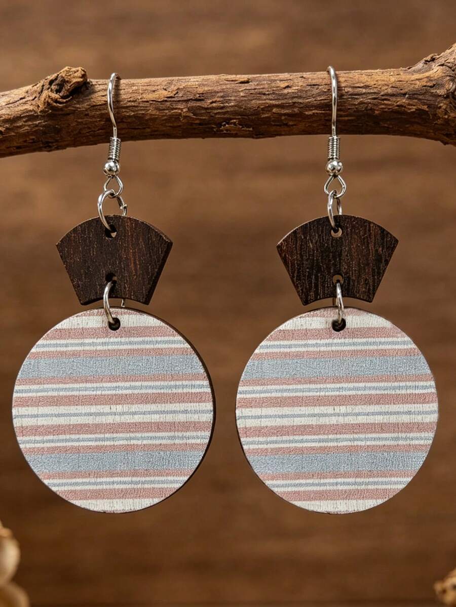 1 Pair Vintage Fan-Shaped & Round Patchwork Color-Block Striped Double-Layer Wooden Earrings - Round - View 1