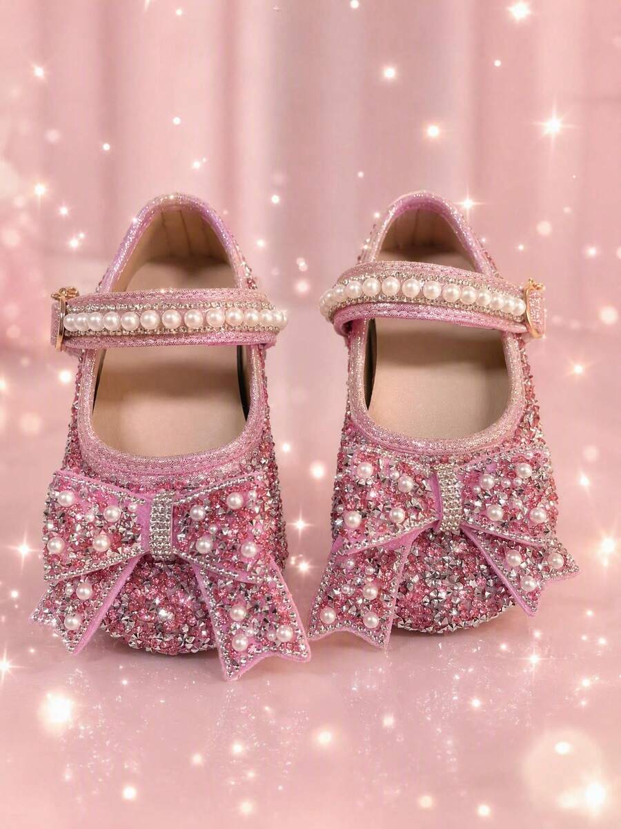 1 Pair 2026 New Girls' Shoes With Large Bow, Pearl And Rhinestone Decor, Glitter Rhinestone Material, Round Toe, Metal Buckle Strap, Flat Sole, Luxury Shiny Style Girls' Shoes For Stage Performance / Birthday Party - Pink - View 1