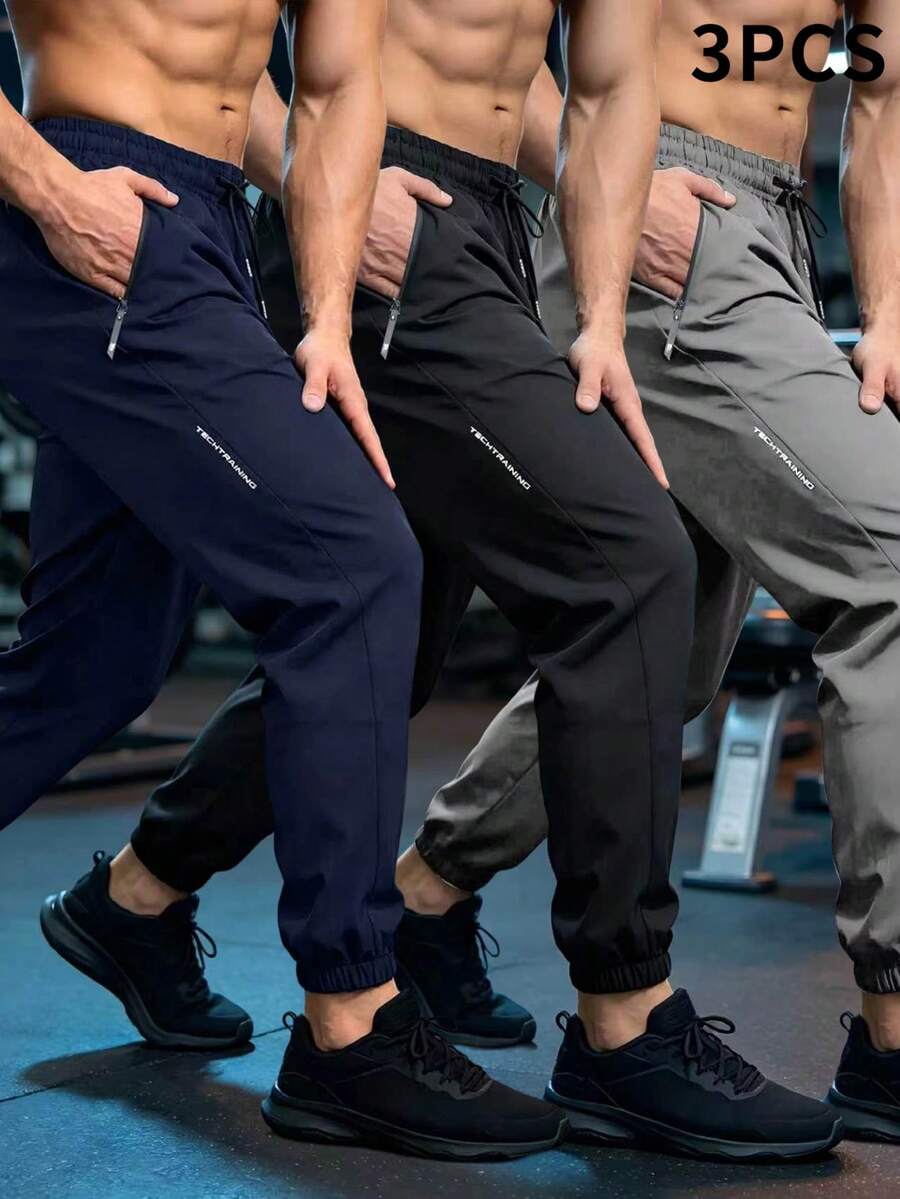 Men's 3-Piece Cycling Long Pants With Zippered Pockets, Outdoor Sports Drawstring Jogging Pants