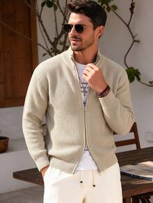ALTZTAR Cárdigan de punto holgado con drapeado para hombre, top de punto grueso con alta elasticidad, doble cremallera y cuello alto - Camel - Ver 1