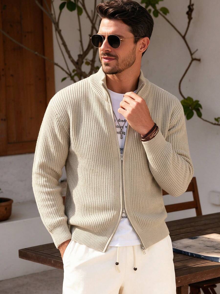 ALTZTAR Cárdigan de punto holgado con drapeado para hombre, top de punto grueso con alta elasticidad, doble cremallera y cuello alto - Camel - Ver 1