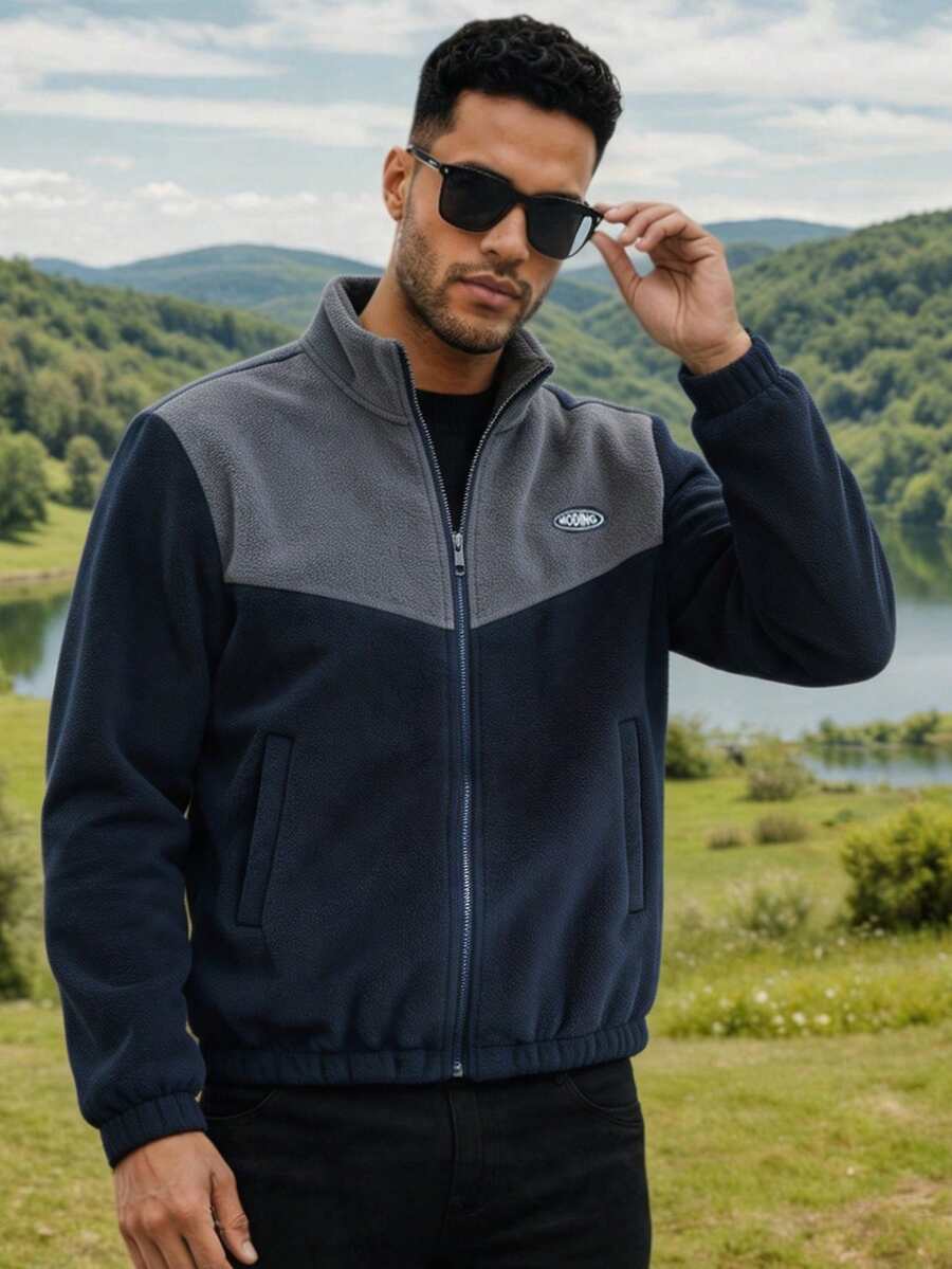 Men's Autumn/Winter Colorblock Fleece Stand Collar Zip-Up Jacket, Vintage Colorblock Fleece Warm Jacket, Casual Commuter Jacket - Blue - View 1