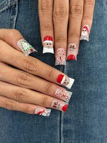 10pcs/Set Y2K Nails Handmade, White Nails, Red Nails, Christmas Tree Nails Nails & Santa Claus Pattern Nails, Perfect For Parties & Daily Wear. Handmade Duck Nails. Handmade Press On Nails Duck, Fake Nails, Acrylic Nails, Cute Nails, Christmas Nails - Multicolor - View 4