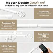 1 Set Double Curtain Rod Set, Metal Adjustable Splice Double Curtain Rod Set, Suitable For Windows, Equipped With Rod Brackets, Perfect For Bathroom, Bedroom And Living Room Blackout Curtains (White) - American Style Double Rod - White - View 5