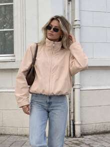 Women's Autumn Stand Collar Zipper Long Sleeve Casual Short Jacket - Pink - View 7
