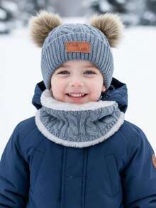 2pcs/Set 1-5Y Double Ball Letter Knit Hat + Plush Scarf 2 Pieces Set, Warm Autumn/Winter Outdoor Knit Hat Set - 2pcs - View 11