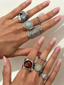 Vintage Distressed Antique Silver Carved Wide Band Ring, Fashion Gemstone Inlaid Exaggerated Stackable Ring Set - Multicolor - View 6