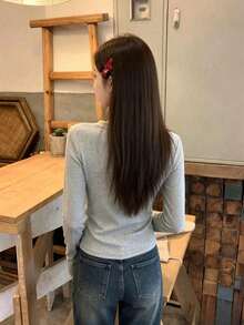 女式优雅韩版灰色刺绣长袖针织上衣，弹力设计，秋季/春季 - 淺灰色 - 查看 7