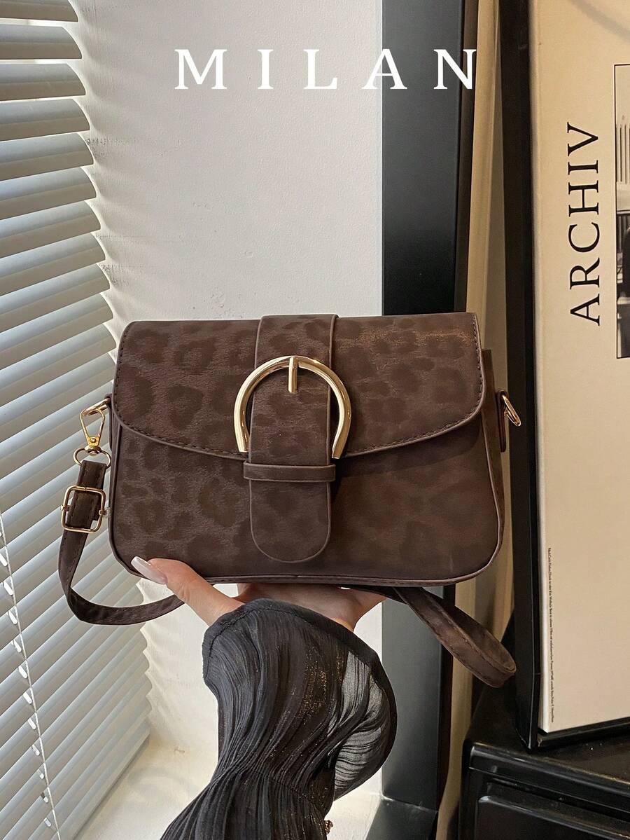 女款翻蓋小手提包 時尚皮帶扣裝飾方包 豹紋單肩斜挎包